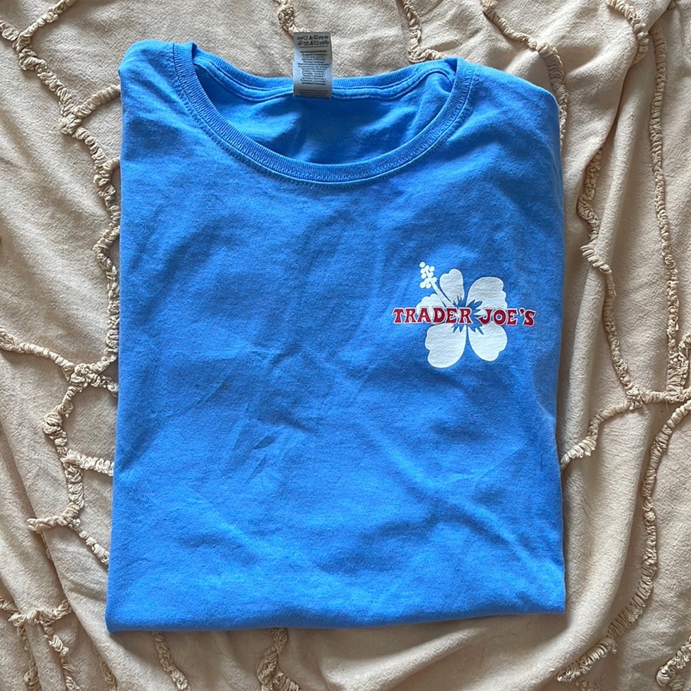 blue trader joe’s t-shirt